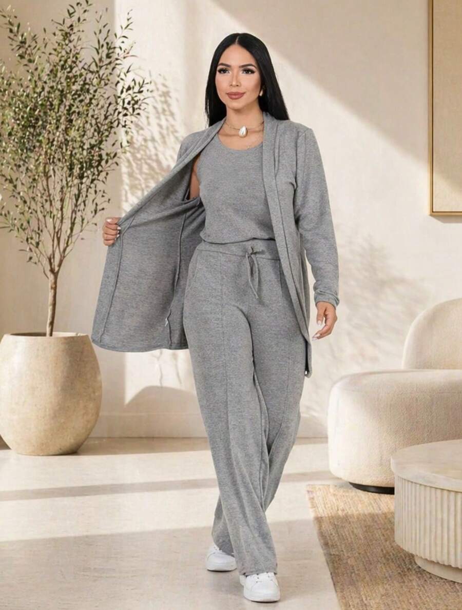 Women's 3-Piece Casual Set, Comfortable And Stylish, Suitable For Everyday Wear At Home, Street, Office, Airport, Garden, And Autumn/Winter. - 灰色 - 查看 1