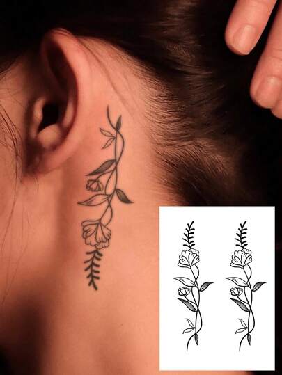 1pc Delicate Line Floral Temporary Tattoo, Niche Elegant Neck/Collarbone Atmosphere Waterproof Faux Tattoo, Suitable For Daily And Party Use