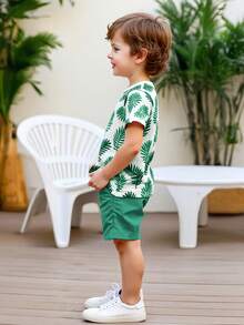 Toddler Boys' Leaf Print Short Sleeve Outfit, Comfortable & Fashionable Top And Khaki Shorts, Suitable For Playground, Park And Daily Wear - Dark Green - View 6