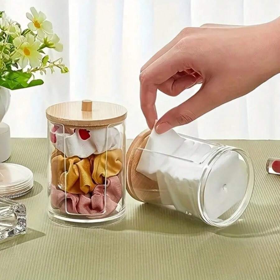 Two Pieces Storage Box For Gaskets, Bathroom Storage Canister, Bamboo-Covered Storage Box Organizer, Multiple-Piece Cotton Swab Box Storage Container. Transparent Cotton Swab Storage Container, Portable Round Container, Durable, Dust-Proof And Moisture-Proof, Suitable For Living Room, Bedroom, Study Room And Bathroom. - 2 Pack - View 1
