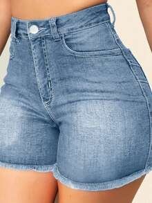 Quần short denim size lớn với gấu tua rua, độ co giãn vừa, ống đứng, khóa kéo - Rửa nhẹ - Xem 3
