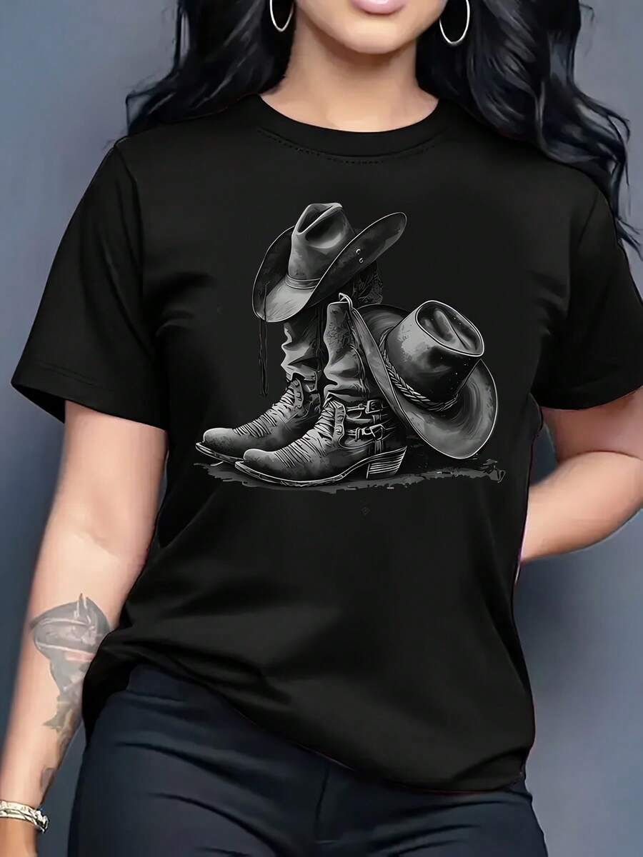 Women's Western & Mexican Print T-Shirt - Short-Sleeve Round-Neck Top with Cowboy Boots & Hat Suitable for Boots Matching, Casual Outfits, Machine Washable Blouse Style for Ranch, Festival, Casual Attire