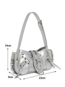 New Spring/Summer Motorcycle Bag Y2K Hot Girl Large Capacity Multi Functional Handbag Rivet Shoulder Bag Crossbody Bag Design Feel Armband Bag - Silver - View 3