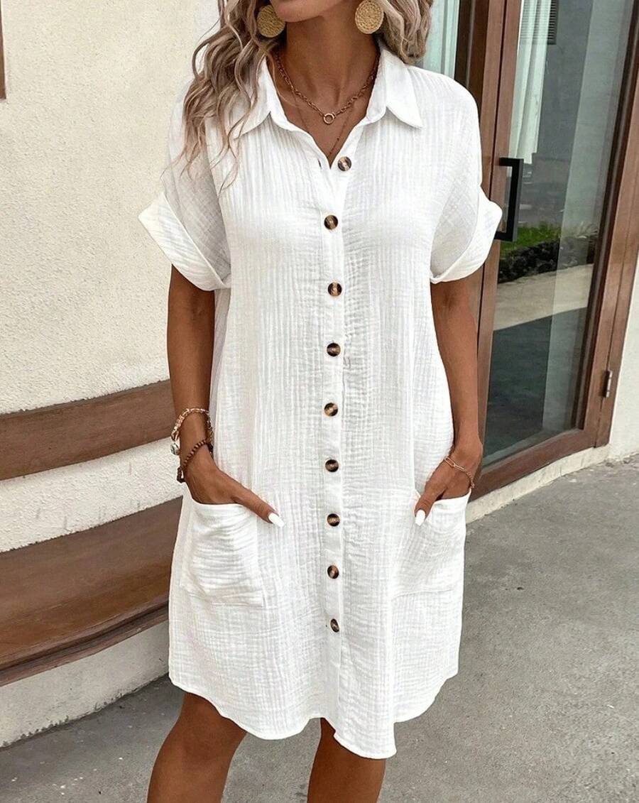 Minivestido Vintage liso para mujer, moda de verano con cuello en V, manga tres cuartos, vestido de lino y algodón, Vestidos informales para vacaciones - BLANCO - Ver 1