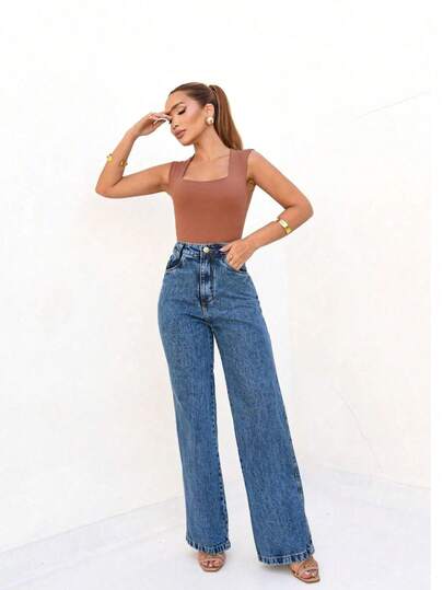 Calça Wide Leg Marmorizada Jeans Feminina Cintura Alta 100% Algodão Premium.