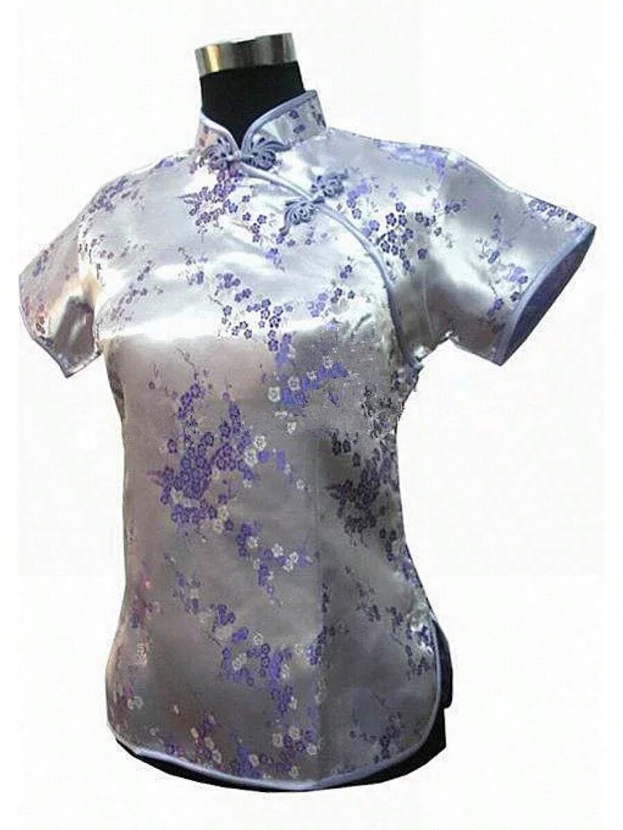 Blusa de satén de seda china tradicional rosa para mujer, camisa Vintage de verano, Tops, ropa de flores, S, M, L, XL, XXL, WS012 - Morado claro - Ver 1