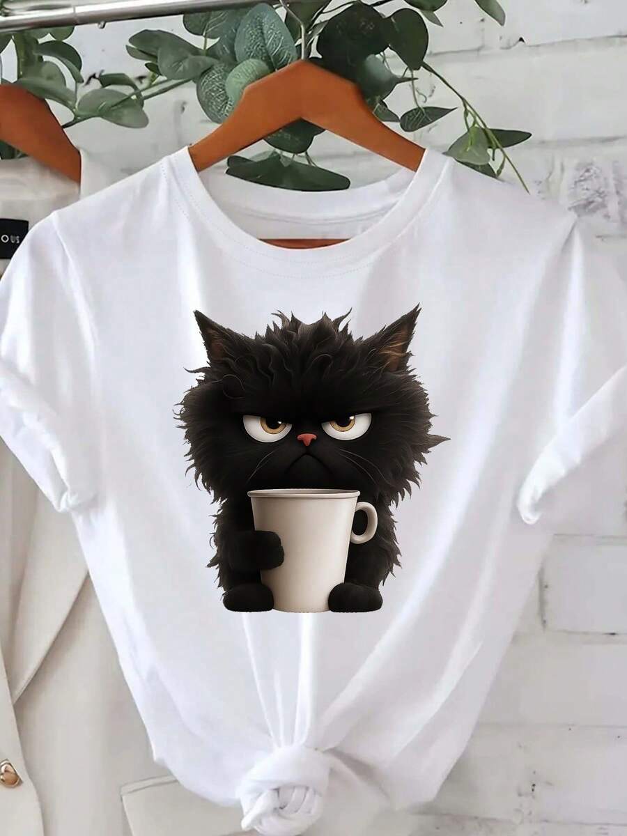 Wo Camiseta de manga corta casual con impresión de gato negro y taza de café | Camiseta de cuello redondo suave para primavera y verano, perfecta para traje casual, camiseta diaria | Ropa casual de moda | Camiseta de tela suave