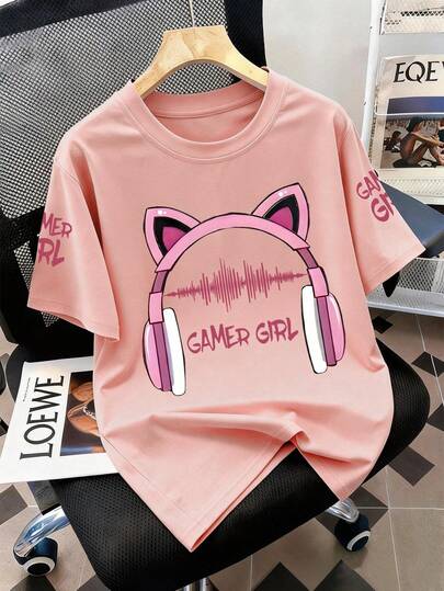 Camiseta de manga corta con estampado de auriculares con orejas de gato, adecuada para adolescentes - Ajuste holgado casual, estilo deportivo de manga corta, camiseta de cuello redondo para mujeres jóvenes - Regalo de verano perfecto, adecuado para usar en primavera y verano en la escuela y al aire libre