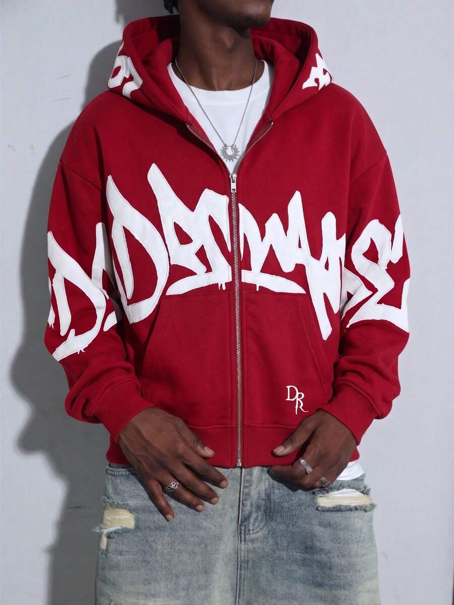Hooded Sweatshirt With Unique Street-Style 3D Letter Print, Zip-Up Loose Top, Y2K Autumn And Winter - 紅色 - 查看 1