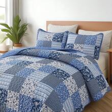 3 Pieces Plaid Blue Boho Queen King California King Size Patchwork Reversible Bedspread Coverlet Set For Soft Microfiber Bedding Set Pillowcase, Wedding Items,Valentines Day Home Bed Room Decor,Mothers Day Gift,All Season - Blue - View 8