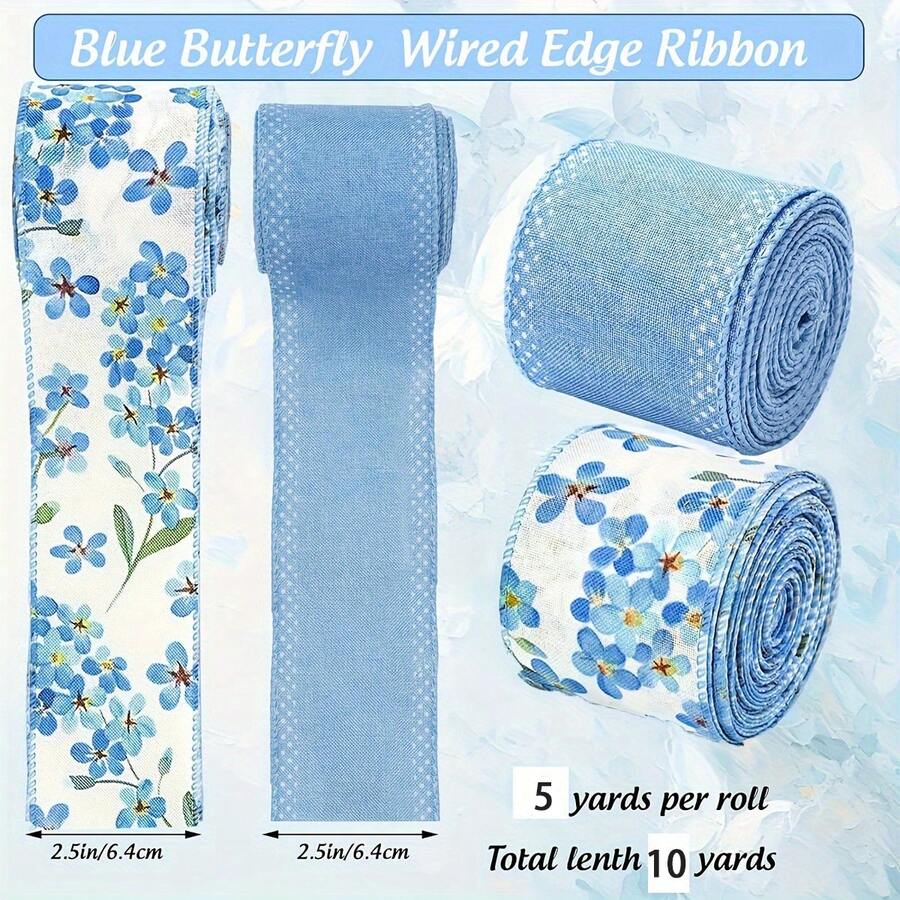 1/2 Roll Blue Floral Butterfly Decorative Ribbon Set, Polyester Fiber Craft Ribbon Suitable For Wedding, Bouquet Wrapping, Gift Packaging, Holiday Decoration, Clothing Sewing Decoration, Making Bows And More - Multicolor - View 1