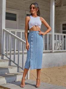 Frenchy Mujeres, falda de mezclilla con botones únicos para combinar diariamente - Azul - Ver 3