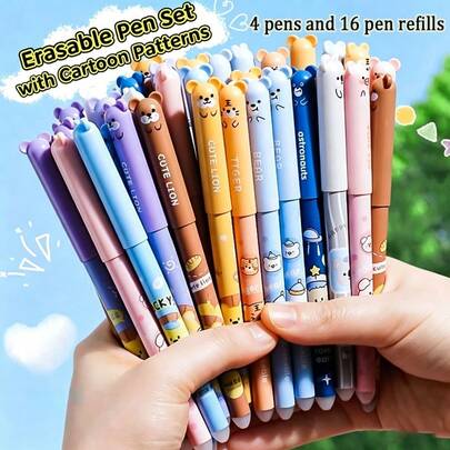 Bộ 20 bút bi gel hình động vật có thể xóa được (4 bút + 16 ruột bút thay thế), đầu bút mảnh 0.5mm, mực xanh dương, kèm tẩy, thích hợp để ghi chú và viết, quà tặng lý tưởng.