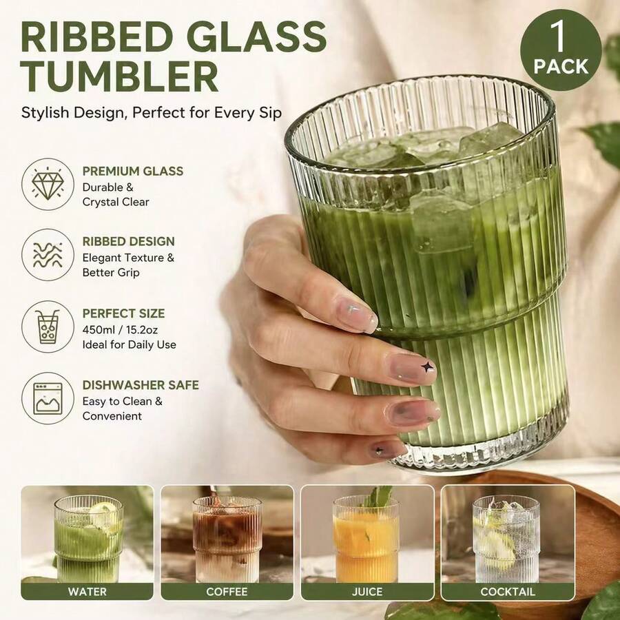 1 pieza Taza de vidrio transparente, capacidad de 400ml/450ml, con rayas verticales, resistente al calor, adecuada para café/té/latte, para uso doméstico, hotel, fiesta, restaurante - transparente - Ver 1