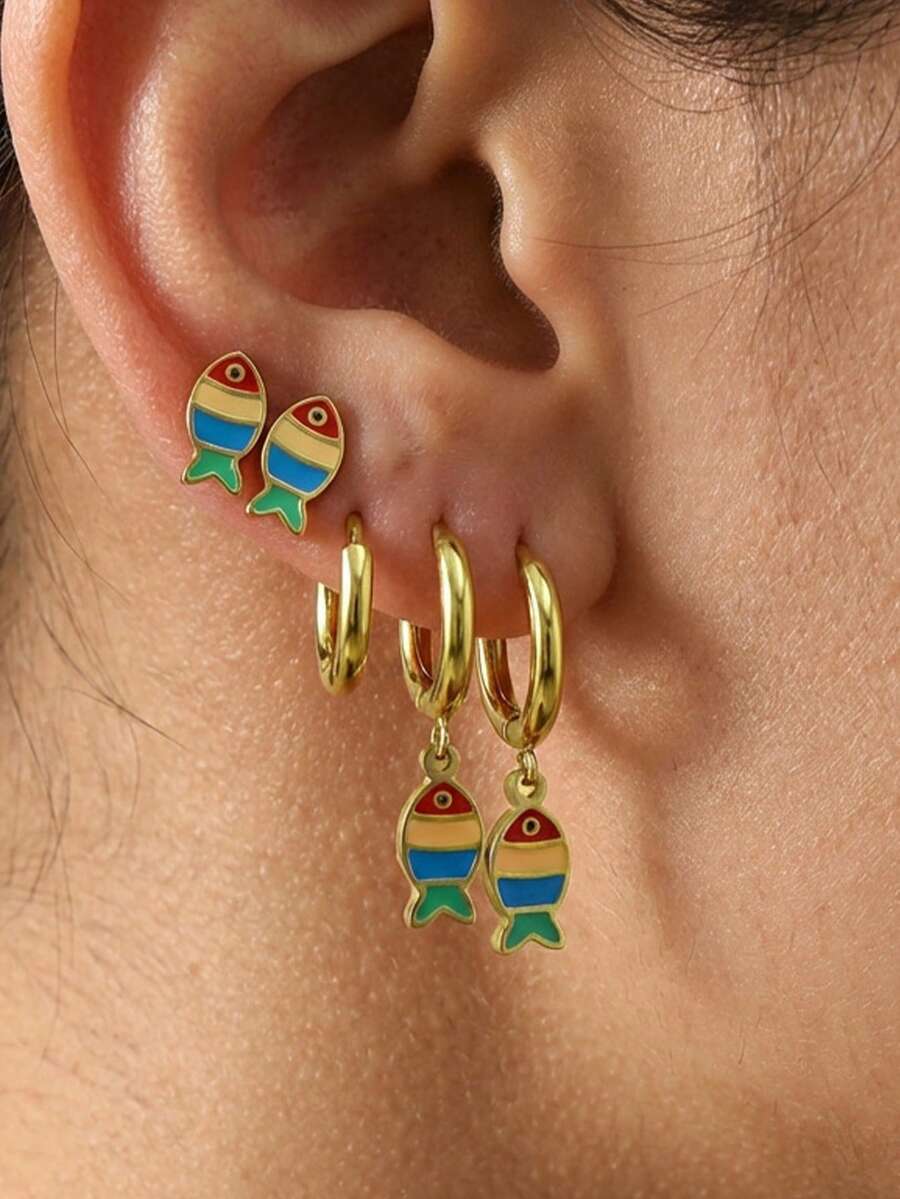 6pcs Fashionable Cute Fish Pendant Earrings Set, Stainless Steel Multi-Color Earrings Suitable For Women's Daily, Party, Holiday, Gift - Multicolor - View 1