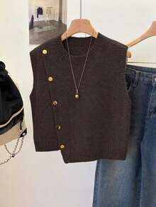 1 pieza Chaleco sin mangas de punto de unicolor con cuello redondo corto, diseño asimétrico con botones, accesorio de moda, chaleco versátil de punto para el verano - Café integral - Ver 1