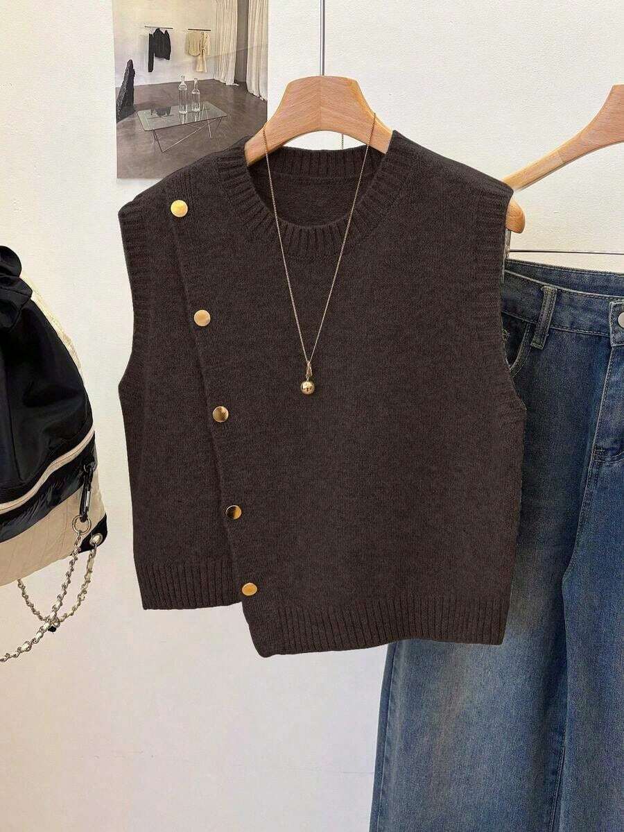 1 pieza Chaleco sin mangas de punto de unicolor con cuello redondo corto, diseño asimétrico con botones, accesorio de moda, chaleco versátil de punto para el verano - Café integral - Ver 1