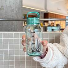 1個水藍色透明刻度水瓶，330ml/620ml 塑膠水杯，附透明刻度與手把蓋，輕量可重複使用方形水瓶，適合女性與女孩，適用於學校、工作、健身、旅行、戶外及夏季補水 - 淺藍色 - 查看 3
