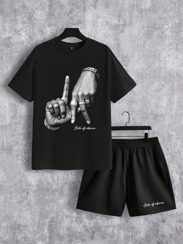 Camiseta negra de moda y ropa urbana con estampado del logo de gesto de letras LA Los Ángeles para hombres