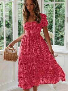 Vestidos Vintage Vintage estampado Puff manga verano playa dulce Vestidos Casual cuello cuadrado floral maxi vestido largo fiesta - Amarillo - Ver 4