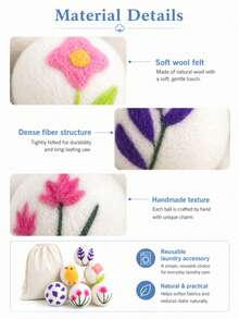 6pcs 7.5cm Embroidered Wool Dryer Balls With Storage Bag, Reusable Felt Laundry Balls In Cute Bird & Floral Patterns, Fabric Softener Alternative, Reduces Static, Wrinkles & Tangling, Speeds Drying For Towels, Bedding & Laundry - View 7