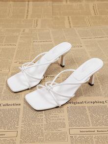 Women's Casual Simple White High Heel Sandals, Square Toe Criss-Cross Slip-On Summer Sandals - White - View 4