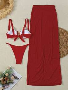 Nuevo conjunto de bikini con falda de cobertura para mujer, decoración de sol de metal, sexy, para verano y playa, color negro - Rojo - Ver 6