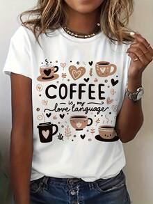 Women's Short-Sleeved Cotton T-Shirt With Coffee Graphic Print, Round Neck, Casual Style For Summer And Spring, Women's Clothing. - 白色 - 查看 6