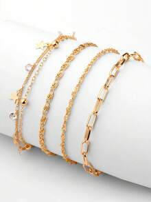 4pcs Fashionable & Popular Cubic Zirconia Star Pendant Multi-Layered Chain Design Beach Style Women's Bracelet Set. Suitable For Women And Girls As A Gift For Dating, Holiday, Parties Or Daily Wear Jewelries - Yellow Gold - View 2