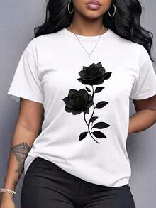 Women's Spring Clothing, Ladies Size T-Shirt With Black Rose Print - Casual Short Sleeve Round Neck Top, Medium Elasticity Fabric, Comfortable To Wear In All Seasons, Elegant Floral Design For Daily And Special Occasions, Machine Washable, Loose And Comfortable For Summer. - 白色 - 查看 7