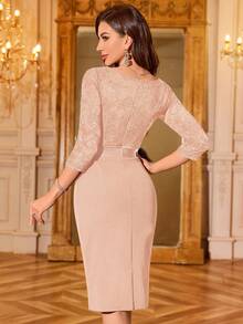 MIUSOL Elegant Women's Sequin Lace Bodycon Cocktail Dress, 3/4 Sleeve V Neck High Waist Midi Pencil Dress With Ruched Wrap Hem For Wedding, Evening Party - Champagne - View 3