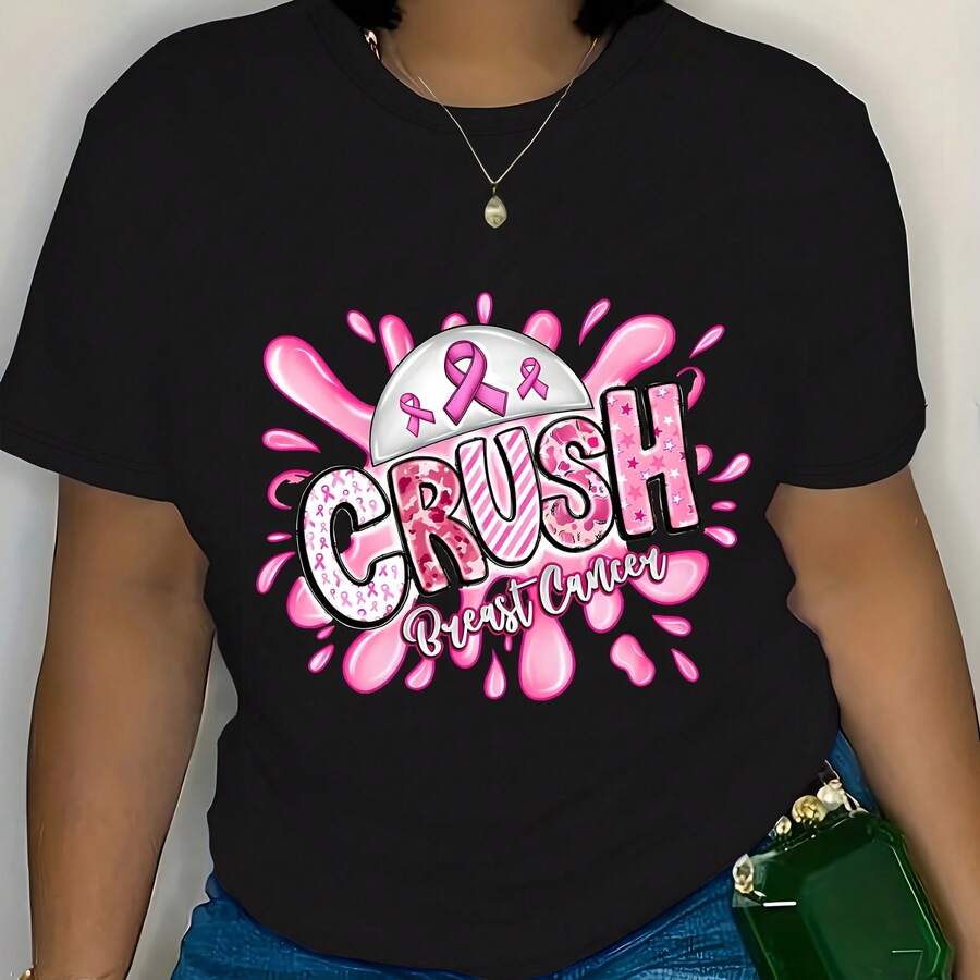 Plus Size - 1pc Women'S Plus Size Casual T-Shirt With Geometric Pink Ribbon Breast Cancer Awareness Print. Crew Neck. Short Sleeve. Polyester Fabric. Spring Summer Collection - Black - View 1