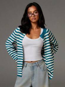 Cárdigan ligero a rayas para mujer, estilo casual para ir al trabajo, cárdigan a rayas para mujer, cárdigan de verano, cárdigan verde azulado, cárdigan blanco para otoño/invierno. - Multicolor 2 - Ver 4