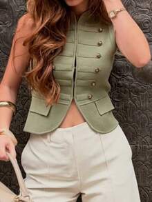 CAREE Women's Spring & Summer Vintage Stand Collar Sleeveless Decorative Button Fitted Knit Vest - Green - View 9