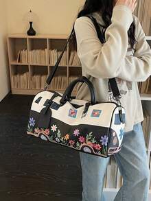 復士花卉印花大容量帆布旅行托特包，多功能手提與斜背行李包，輕量旅行包，適合短期商務出差、健身運動、戶外露營、週末度假與健身房 - 彩色 - 查看 6