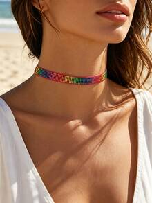 1pc Women's Niche Design Accessory, Colorful Stone Mosaic Rhinestone Inlaid, European And American Vacation Style Necklace Choker - Colorful - View 5