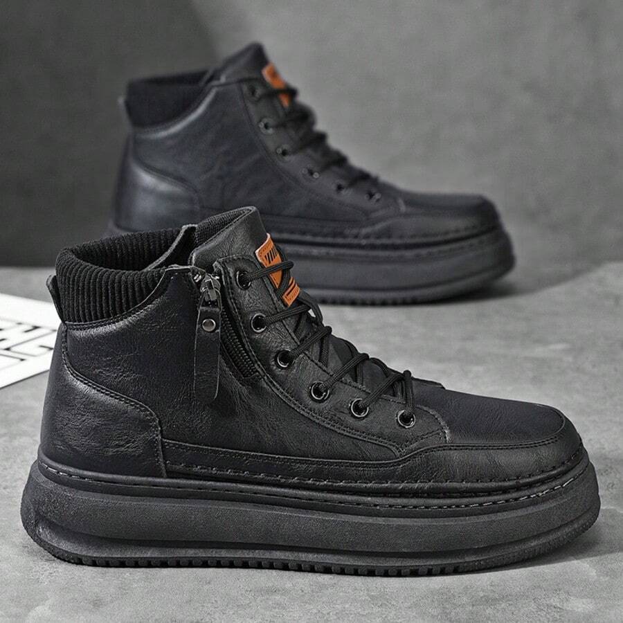 Men's Fashion Chunky Sole High-Top Sneaker Boots, Lace-Up Side Zip Leather-Like Boots For Daily Wear & Outdoor Activities, Comfortable Non-Slip Casual Shoes For Men - 黑色 - 查看 1
