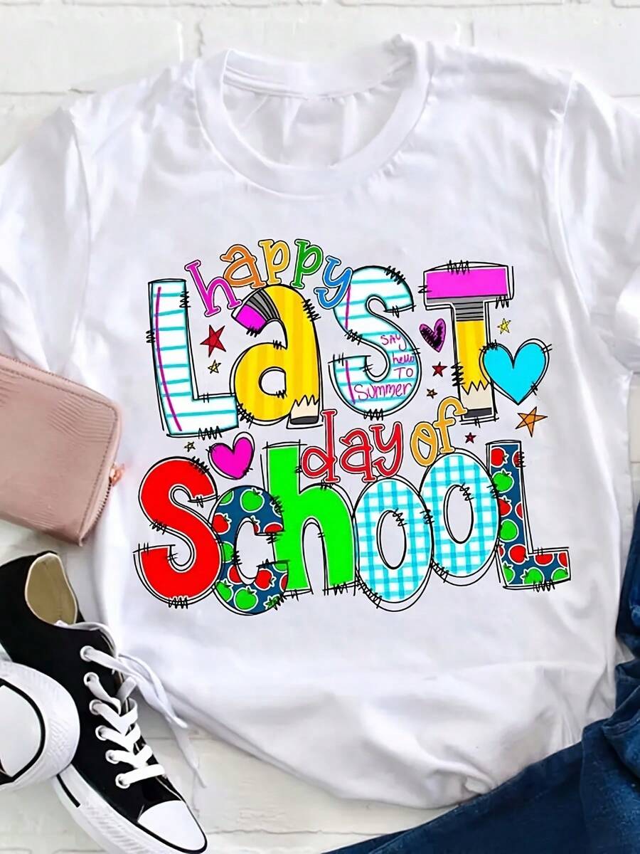 Women's Happy Last Day Graphic Tee - Colorful Cartoon Print With Playful Lettering And Icons, Short Sleeve Crew Neck Casual Top For Teachers, Celebrations, Graduation And End-Of-Year Parties - All-Season Comfort, Machine Washable - 白色 - 查看 1