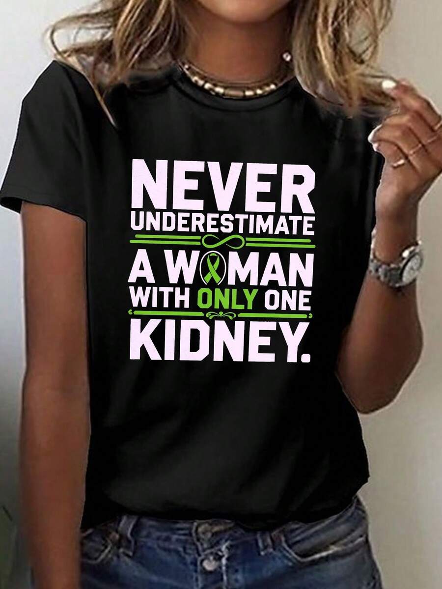 Short-Sleeved Crew Neck T-Shirt With Kidney Design, Perfect For Summer And Spring, Part Of Women's Clothing - 黑色 - 查看 1