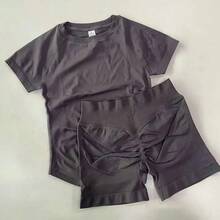 Conjunto Deportivo de Yoga para Mujer STOUREG, Ropa Deportiva de Punto sin Costuras, Top Corto de Manga Corta, Leggings Cortos para Gimnasio - color trufa - Ver 20