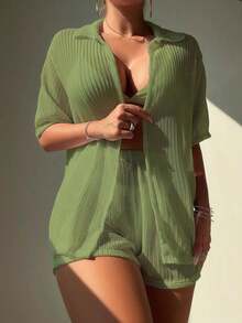 Basics Set de 2 piezas de kimono de unicolor de manga corta y shorts para mujer para vacaciones - Verde 2 - Ver 6