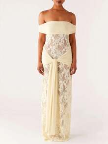 Vestido Largo Mujer de Encaje Hombros Descubiertos o Strapless con Nudo Ajustado Elegante Formal Fiesta Noche - Amarillo - Ver 6