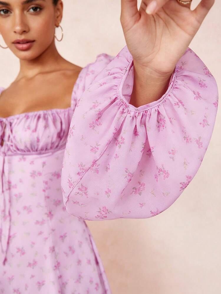 2026 Spring New Women's Clothing: Cross-Border European And American Dress, Elegant Floral Print Long Dress With Slit And Tie - 新花粉花 - 查看 7