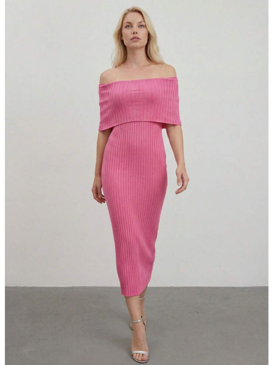 Women's Solid Color Off-Shoulder Fitted Elegant Knit Dress - Pink - View 1