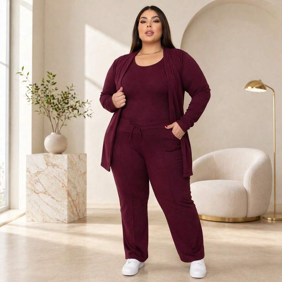Women's Plus Size 3-Piece Knit Set For Winter: Cardigan, Tank Top, Jogger Pants, Black, Brown, Wine, Gray - Winter Fashion 2026 - 紅木色 - 查看 1