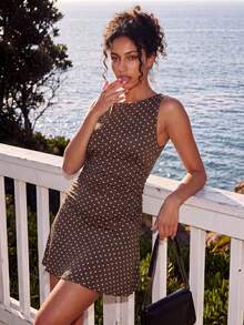 Women Mini Tank Dresses Slim Fit Ruched Dot Print/Solid Color Sleeveless Short Ruffled Dress For Daily Office Party - color chocolate - Ver 2