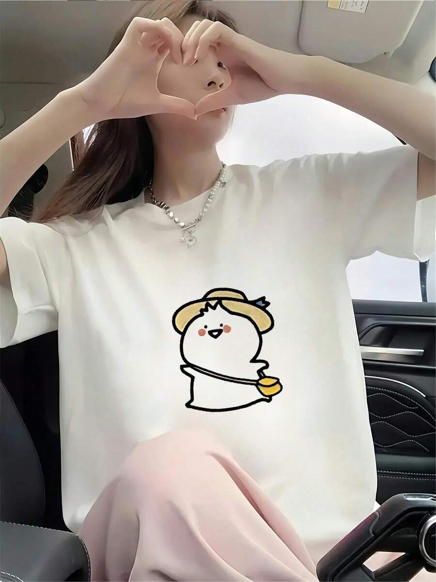 Cute Bird Wearing A Hat And Bag Short-Sleeve T-Shirt, Unisex Fit T-Shirt, Breathable Graphic Tees, Machine Washable, Crew Neck, Short Sleeves, All-Season Casual - 白色 - 查看 1