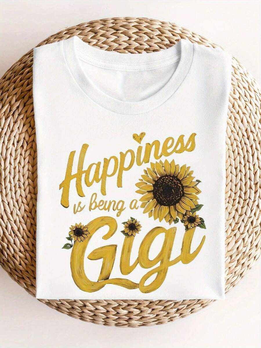 La felicidad es ser una camiseta Gigi - alegre girasol tee gráfica con texto amarillo y negro, regalo perfecto para las abuelas, ropa de verano informal y cómoda
