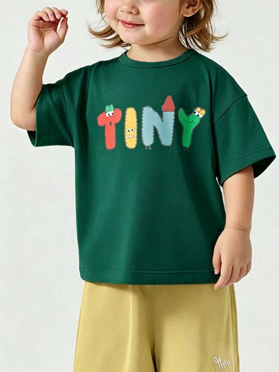 Top de manga corta sencillo, informal y bonito con estampado para niños, ideal para el verano. - Verde - Ver 1