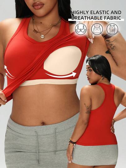 1pc Plus Size Camisole, 2-In-1 With Built-In Cup Holder, Racerback Design, Slimming Quick-Dry Casual Outerwear Yoga Tank Top For Women, Suitable For Spring, Summer, Autumn, Winter